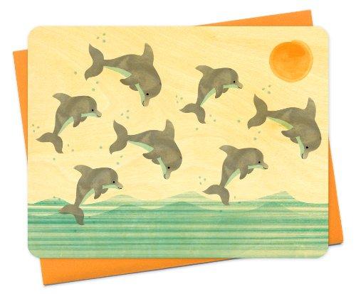 Algopix Similar Product 6 - Dancing Dolphins Wood Notecard by Night