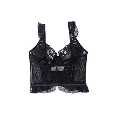 yoeyez Summer Tops for Women 2024 Spaghetti Straps Black Tank Tops For Women  Sleevelss Vest Low Cut Big Breast Crop Top Sexy Lace See Through T Shirts 