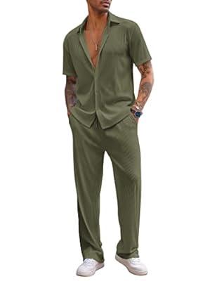 COOFANDY Linen Sets For Men 2 Piece Button Down Shirt Long Sleeve And  Casual Beach Drawstring Waist Pants Summer Outfits