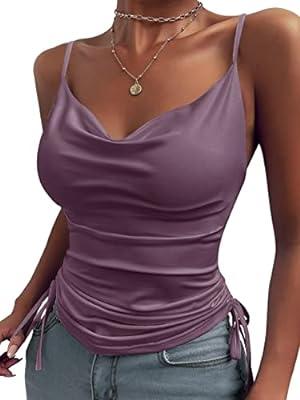 Womens Satin Cami Tops Cowl Neck Spaghetti Strap Sleeveless Camisole Solid  Casual Comfy Summer Dressy Tshirts