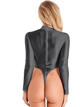 Womens Glossy High Cut Thong Leotard Bodysuit With Stocking
