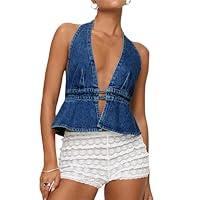 Algopix Similar Product 16 - WomenS Denim Halter Top Sexy Deep V