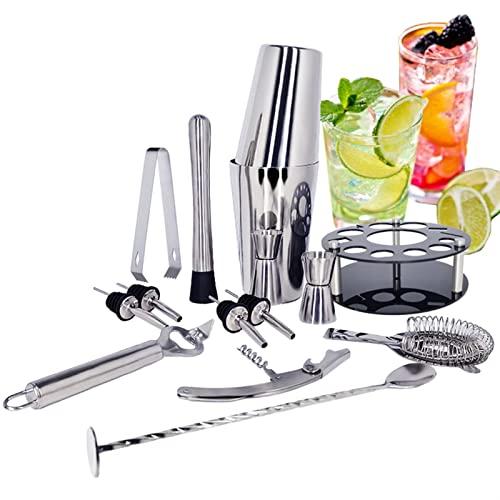 Mixology Bartender Kit - 8-Piece Silver Cocktail Shaker Set with Pine Wood Stand, Recipe Cards, and Bar Accessories Ideas