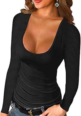 Best Deal for Women's Long Sleeve Ribbed Scoop Deep Neck Tunic