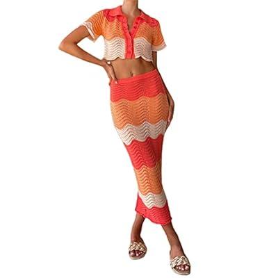 Womens Sexy Crochet 2 Piece Outfits Summer Crop Tops Short Skirts Sets  Beach Hollow Out Dress