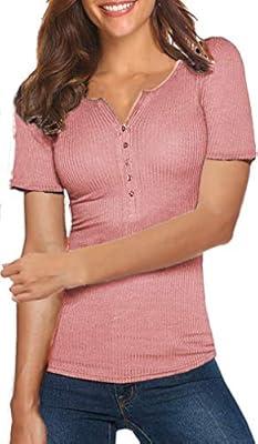 Anyfit Wear 2 Packs Womens Short Sleeve Button Down Shirts Low Cut Sexy  Scoop Neck Fitted Ribbed Knit Henley Tops Summer Tees (S-3XL) 