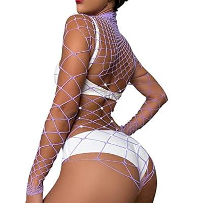 Sexy Lingerie For Women Fishnet Bodysuit Sparkle Long Sleeve Tops