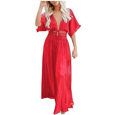 Best Deal for Summer Bohemian Hollow Sheer Maxi Dresses for Women Beach V