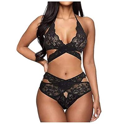 Valentines Lingerie for Women Lace Strappy Lingerie Adjustable Straps  Cutout Bra and Panty See Through Underwear