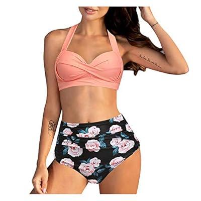  Womens Push Up Two Piece Swimsuit Halter Printed Top