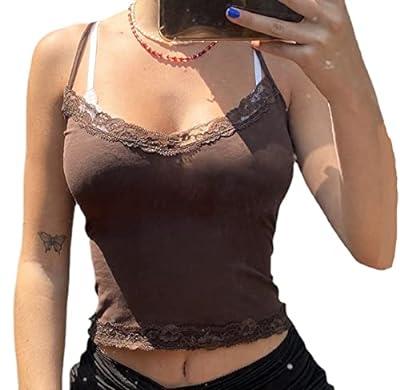 Best Deal for Women Aesthetic Spaghetti Strap Crop Top Deep V Neck Lace