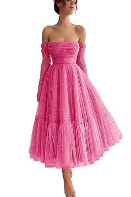 Best Deal for Maxianever Tulle Prom Dresses Sparkly Starry Tea Length