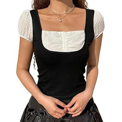 Women 's Y2K Long Sleeve Shirt 90s E-Girl Lace Crop Top Cotton T