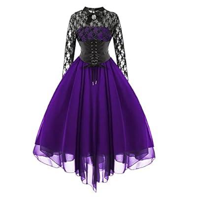 Gothic Dresses for Women Lace Patchwork Long Sleeve Evening Party Dress  Halloween Punk Vintage Cocktail Gown Dress