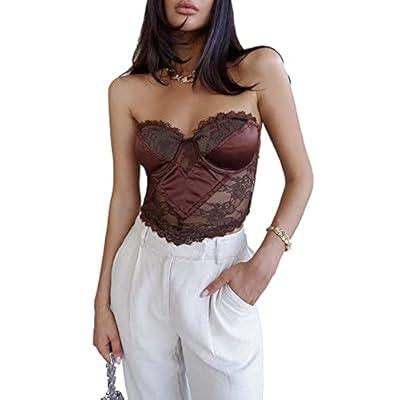 Women Sexy Lace Corset Crop Top Y2K Long Sleeve Tanks Push Up