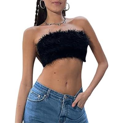 Faux Fur Crop Top Out Corset Women Feather Camisole Push Up