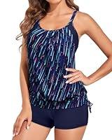 Algopix Similar Product 13 - Holipick Navy Stripe Tankini Swimsuits