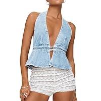 Algopix Similar Product 14 - LYSINK Women Denim Halter Top Y2K Denim