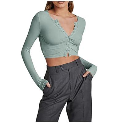Best Deal for Black Crop Top Athletic Button V Neck Ribbed Long Sleeve