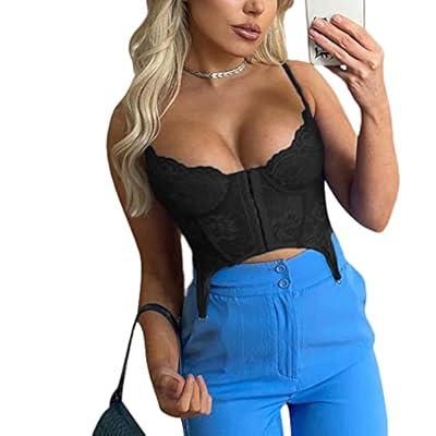 Lace Corset Top for Women Sexy Spaghetti Strap Low Cut Crop Crop Aesthetic  Push Up Bustier Top Y2k Fairy Cami Top(A Black,S) at  Women's  Clothing store