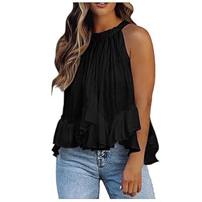 Flowy Halter Shirts for Women Trendy Sexy Sleeveless Tunic Tops Ruffle Hem  Floral Tank Loose Fit Summer Casual Blouses at  Women's Clothing store