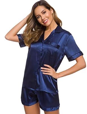 SWOMOG Plus Size Pajamas Long Sleeve Pajama Set Silk Pj Set Button
