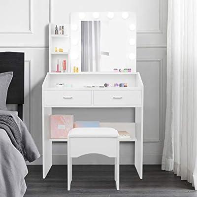 Vanity Desk with LED Lighted Mirror, Makeup Desk with 5 Storage Drawers & 6  Shelves, Vanity Table with Charging Station, Modern Dressing Table with 3