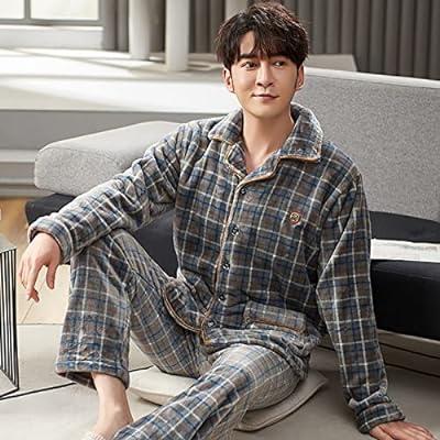 Men Winter Thick Sleepwear Nightwear Flannel Pajama Set Fluffy Button  Casual 