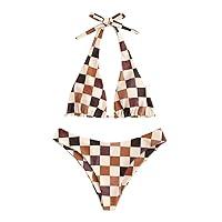 Algopix Similar Product 4 - ZAFUL Plaid Checkerboard Halter Bikini