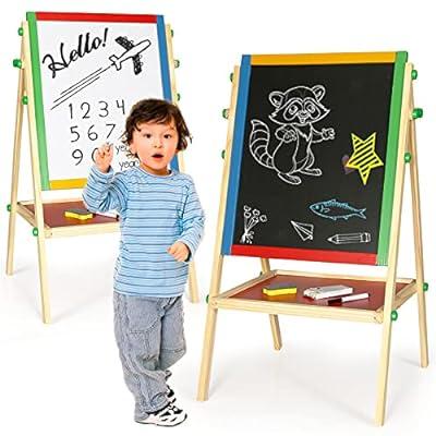 JUZBOT Easel for Kids Deluxe Wooden Standing Kids Easel with Paper & 84PCS  Accessories Foldable Without Disassembly Magnetic Chalkboard & Whiteboard