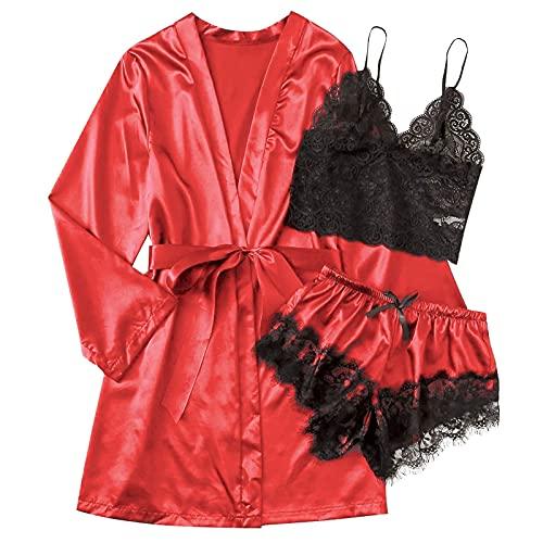 3PCS Sexy Women's Silk Satin Nightie Gown Lingerie Sleepwear