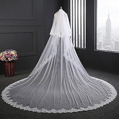 Long Cathedral White Ivory Pearls Tulle Bridal Wedding Veils for Bride with  Comb