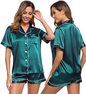 New Women's Silk Satin Pajamas Set Short Sleeve Button-Down Sleepwear  Loungewear