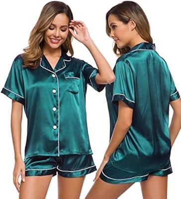 New Women's Silk Satin Pajamas Set Short Sleeve Button-Down Sleepwear  Loungewear