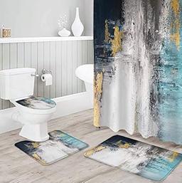  4 Pieces Shower Curtain Sets with Rugs Oil Painting