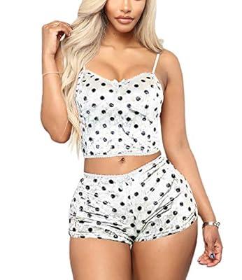 Sexy Lace Trim Cami Short Sets for Women Satin Camisole Top And Shorts Two  Piece Strap Cami Short Sets Lingerie (White,Small)