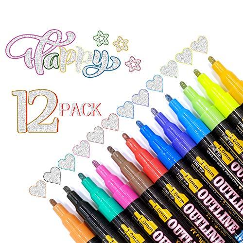 Double Line Outline Pens 12 Colors Outline Metallic Markers Glitter Outline  Pens Writing Drawing Pe