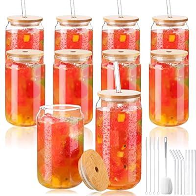 20 OZ Glass Cups with Bamboo Lids and Straws - Beer Can Shaped Drinking  Glass