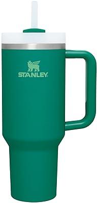 Stainless steel tumbler with Shale green handle and lid.