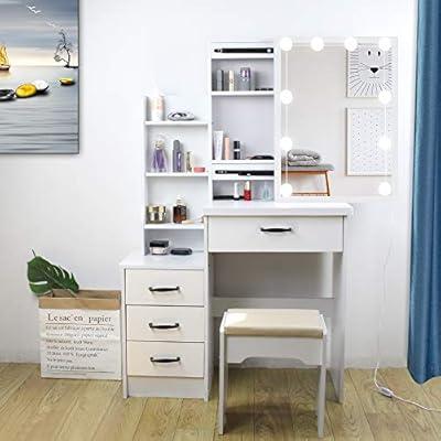 Makeup Vanity Table with Lighted Mirror, Vanity Desk Set with Shelves,  Dresser Desk and Cushioned Stool Set White