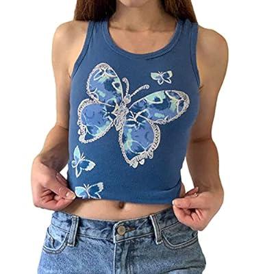 Vintage Y2K Aesthetic Clothing for Women Blue Ribbed Butterfly Print Top