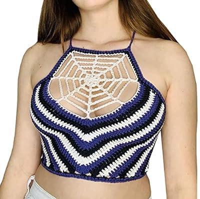 Women Crochet Tie Back Backless Halter Crop Top Cami Camisole Lace