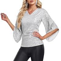 Algopix Similar Product 16 - Womens Sparkly Sliver Shirts 34 Sleeve