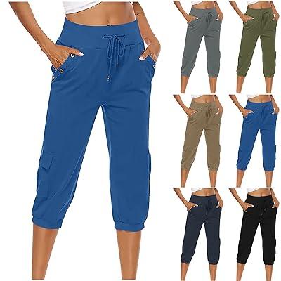 Capri Pants for Women Loose Workout Yoga Cropped Joggers Drawstring Elastic  Waist Sweatpants Capris Pants with Pockets 