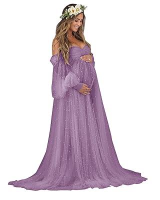Off Shoulder Pearl Tulle Maternity Dress for Photo Shoot Maternity Gown