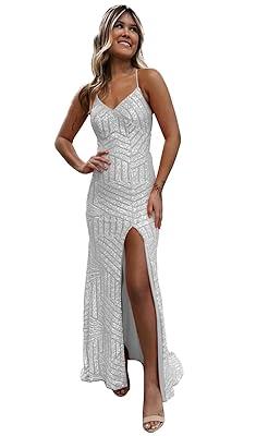 Best Deal for Silver Mermaid Prom Dress with Slit Sparkly Spaghetti