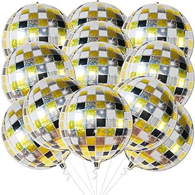 12pcs Disco Ball Balloons for Disco Party Decorations - Large 22 inch 4D Foil Round Disco Balloons Metallic Disco Theme Party Decorations for Birthday