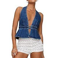 Algopix Similar Product 19 - WomenS Denim Halter Top Sexy Deep V