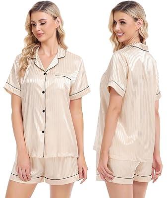Women's Silk Satin Pajamas 2 Piece Print Lapel Long Sleeve Button Down  Shirt and Pants Sets Sleepwear Loungewear Ladies Clothes 