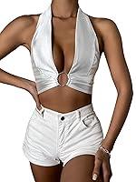 Algopix Similar Product 5 - SheIn Womens Deep V Neck Knot Tie Crop